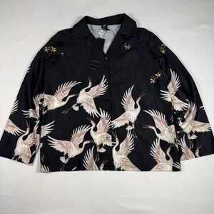 Lai Meng Five Cats Crane Button Up Blouse Womens Size Large Black All Over Print